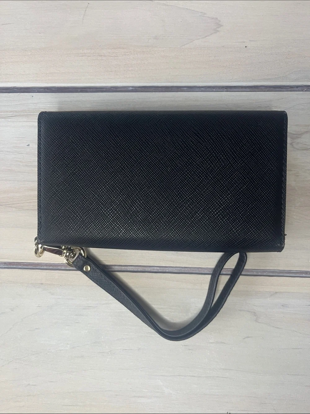 kate spade Black Saffiano Wristlet Clutch with Gold Plaque
